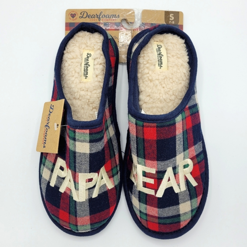 Dearfoams Cozy Comfort Men's Papa Bear Clog Slippers Plaid Christmas Men's 7-8